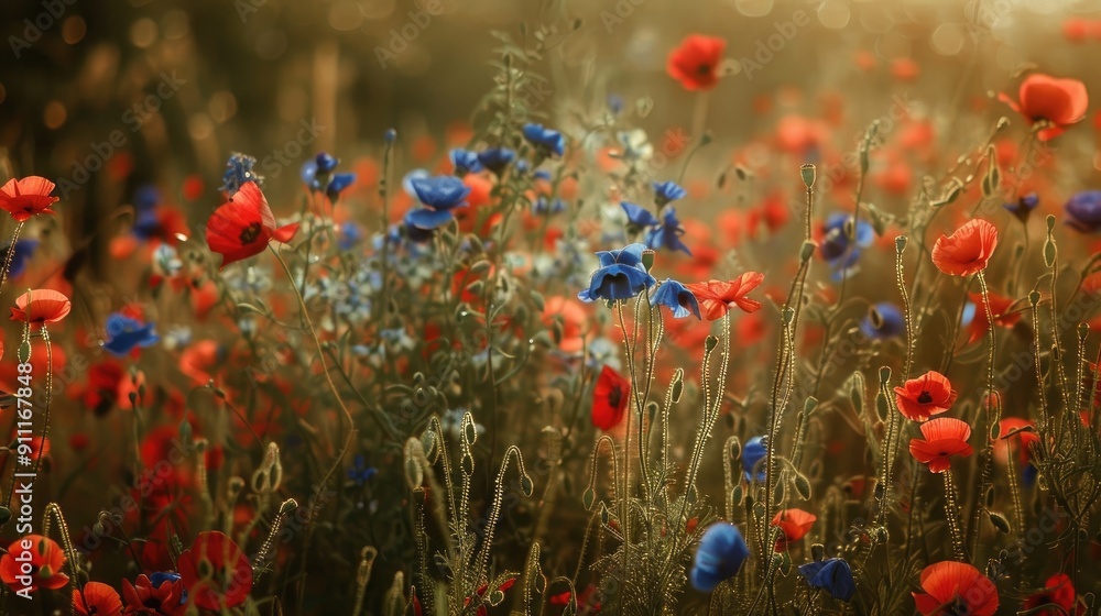 Fototapeta premium Red and blue wildflowers