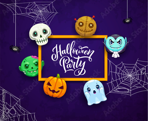 Halloween frame with cobweb and cartoon holiday emoji characters. Halloween holiday border, horror party vector frame or background with skull, voodoo doll, vampire and zombie, host emoji personages