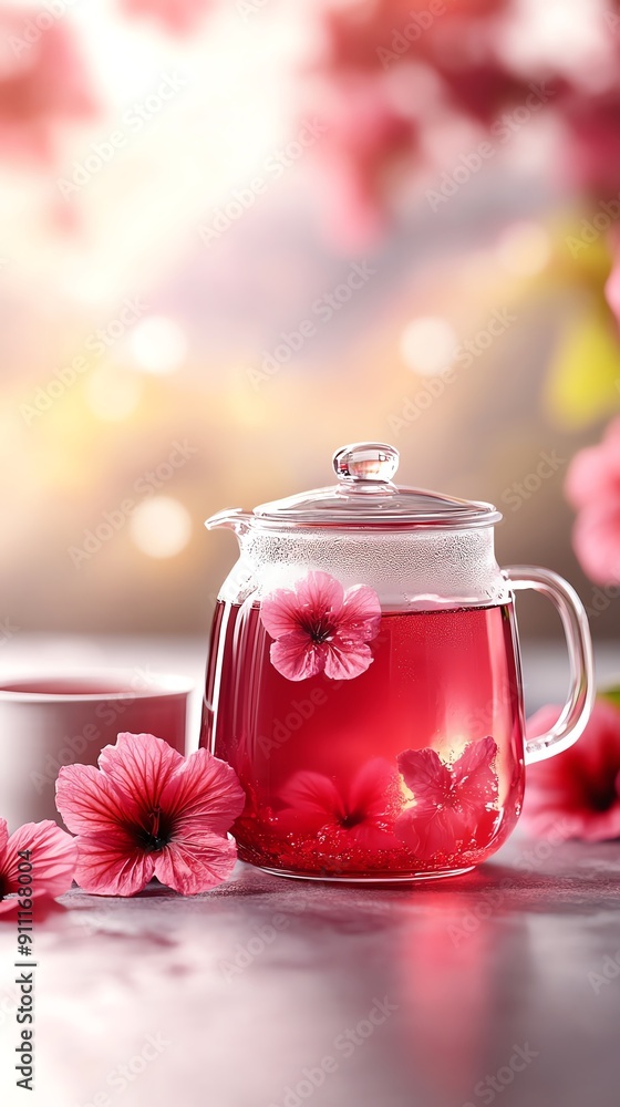 A bright and inviting scene of a Kenyan hibiscus tea in a clear glass teapot, with a cup beside it, surrounded by fresh hibiscus flowers and a scenic mountain backdrop A bright and inviting scene of a Kenyan hibiscus tea in a clear glass teapot, with a cup beside it, surrounded by fresh hibiscus flowers and a scenic mountain backdrop
