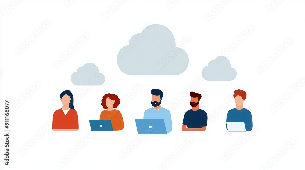 Illustration of five people using laptops with cloud icons, representing team collaboration and cloud computing. Illustration of five people using laptops with cloud icons, representing team collaboration and cloud computing.