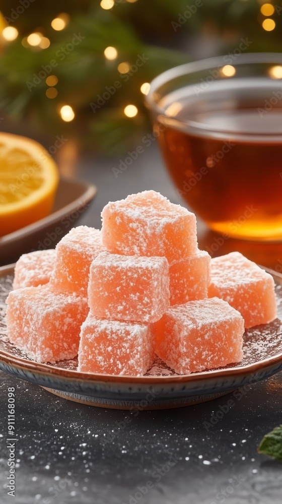 A charming display of traditional Russian pastila, a fruit confection, cut into small squares and arranged on a ceramic plate with a side of fresh fruit and a cup of tea A charming display of traditional Russian pastila, a fruit confection, cut into small squares and arranged on a ceramic plate with a side of fresh fruit and a cup of tea