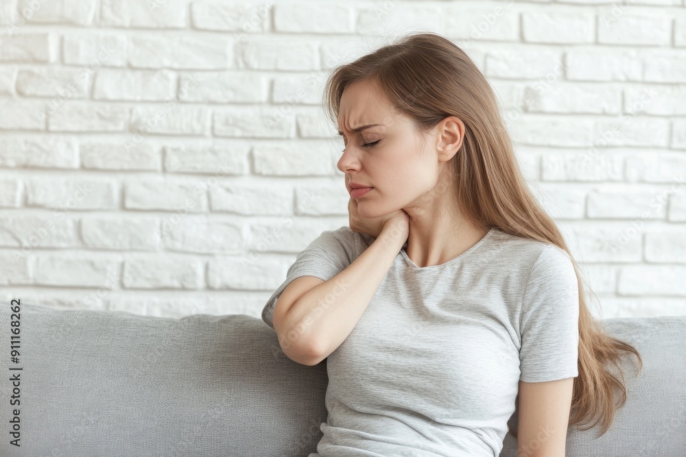 Sitting on a comfortable couch in the living room is a pretty young woman Sitting on a comfortable couch in the living room is a pretty young woman