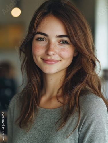 A smiling woman with freckles on her hair, posing for the camera