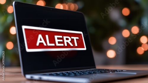 Laptop screen displaying a red alert warning message. Critical notification, urgent message concept.