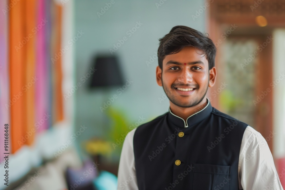Fototapeta premium Smiling Indian man in a hotel staff uniform with a warm smile.