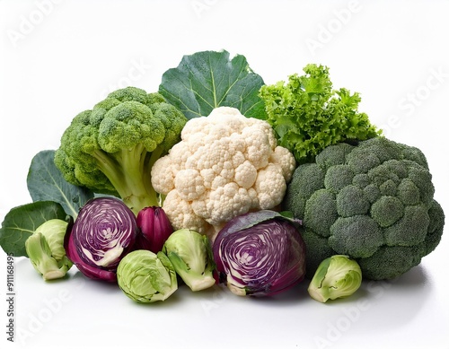 A bunch of cruciferous vegetables arranged together on white background 
