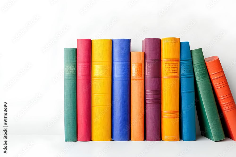 A row of colorful books on white background, A row of colorful books on white background,