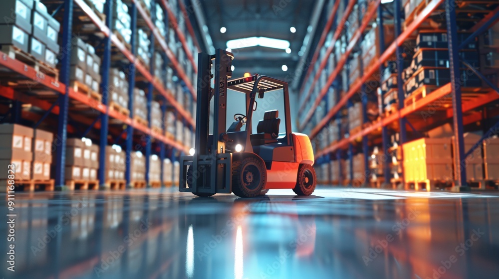 Forklift in warehouse. Logistics and transportation concept. 3D Rendering. Forklift in warehouse. Logistics and transportation concept. 3D Rendering.