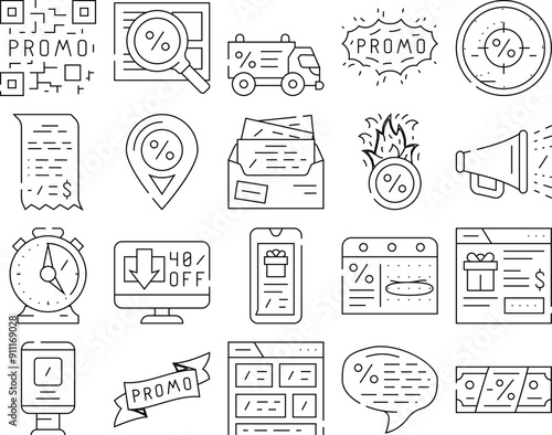 Promo And Advertising Coupon Icons Set Vector. Qr Code On Sale Discount And Newsletter With Advertise Messenger, Promo Street Banner And Promotional Ribbon Black Contour Illustrations