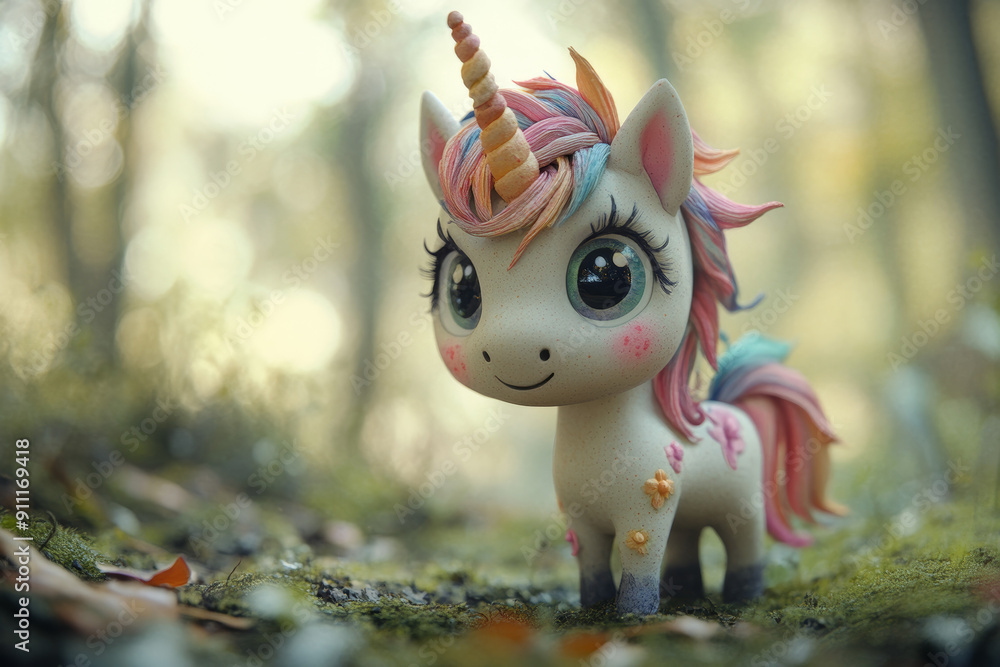 Adorable Toy Unicorn in Magical Forest Setting Adorable Toy Unicorn in Magical Forest Setting