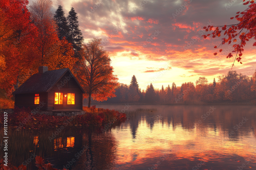 Fototapeta premium Cozy Lakeside Cabin Amid Vibrant Autumn Foliage