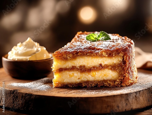 A luxurious slice of Brazilian corn cake, bolo de milho, with a golden crust, served on a rustic wooden plate, with a small bowl of creamy requeijao cheese spread beside it photo