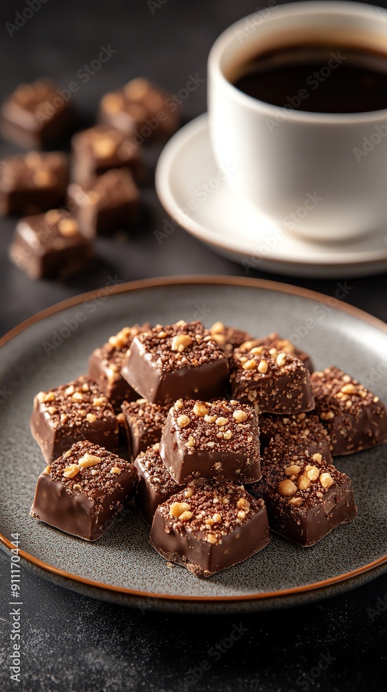 A nostalgic presentation of kartoshka, a Russian dessert made of chocolate and biscuit crumbs shaped like potatoes, placed on a vintage plate with a cup of coffee beside it A nostalgic presentation of kartoshka, a Russian dessert made of chocolate and biscuit crumbs shaped like potatoes, placed on a vintage plate with a cup of coffee beside it