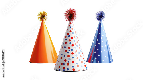 Colorful party hats in orange, polka dot, and blue with pom-poms, perfect for birthday celebrations and festive events.