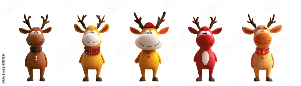 Cute cartoon reindeer characters lined up with festive accessories, perfect for holiday and Christmas-themed designs and decorations. Cute cartoon reindeer characters lined up with festive accessories, perfect for holiday and Christmas-themed designs and decorations.
