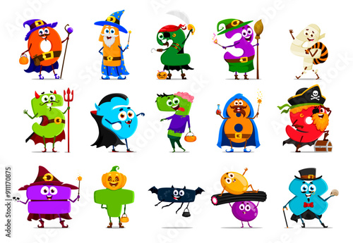 Cartoon Halloween numbers and digits characters in holiday costumes. Vector personages of horror monsters numbers, scary witch, zombie and vampire, pumpkin, bat, mummy and devil, candy, wizard digits