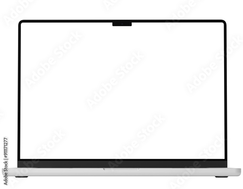 Front view mockup template of silver laptop similar to macbook without background.