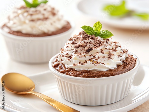 A rich and creamy chocolate budino topped with whipped cream and chocolate shavings, elegantly presented on a white plate with a golden spoon beside it photo