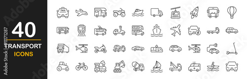 Transport icon set. Vehicle icons. Containing car, bike, plane, train, bicycle, motorbike, bus, scooter, taxi,  helicopter, ship, plane, truck, tow truck, sailboat and more. Vector illustration