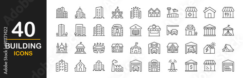 Building icon set. Containing house, office, bank, school, hotel, shop, university, hospital, church, museum, mosque, skyscraper, factory, architecture, city and more. Vector illustration