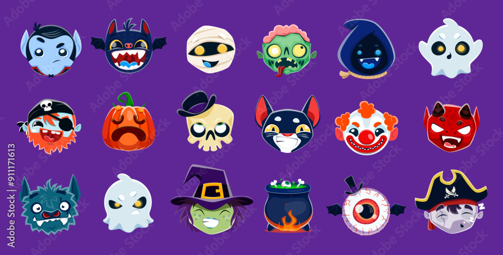 Fototapeta premium Cartoon Halloween emoji set characters, horror holiday monsters and scary emoticons, vector icons. Halloween funny emoji smiles of pumpkin, vampire and zombie with witch cauldron, werewolf and skull