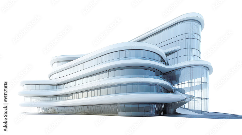 Futuristic architectural design of a modern building with sleek curves, and expansive glass panels, isolated against a white background. Futuristic architectural design of a modern building with sleek curves, and expansive glass panels, isolated against a white background.