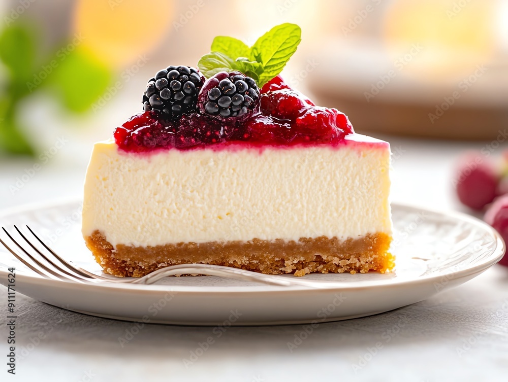A slice of Italian ricotta cheesecake with a berry compote on top, served on a vintage porcelain plate with a fork beside it, the background featuring a cozy Italian cafe ambiance A slice of Italian ricotta cheesecake with a berry compote on top, served on a vintage porcelain plate with a fork beside it, the background featuring a cozy Italian cafe ambiance