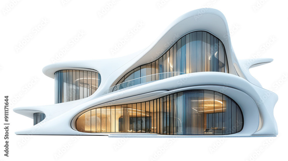 Futuristic white building with curved lines and large glass windows, showcasing modern architectural design and innovative style.