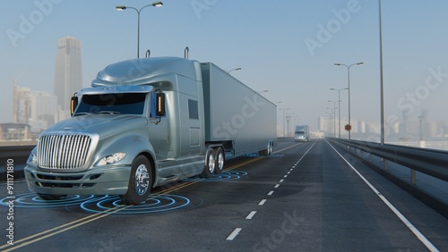 Autonomous American semi-truck with a trailer, controlled by artificial intelligence, drives on the line road. Cargo delivery, transportation of the future. Artificial intelligence. Self driving