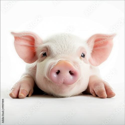 Closeup of a piglet's face, pink snout and ears, looking directly at the camera.