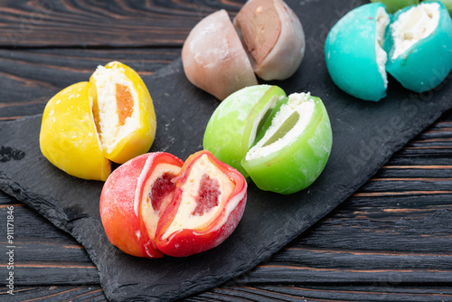 Mix of colorful mochi . Traditional japanese dessert photo