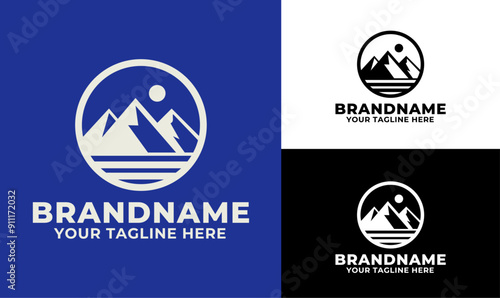 Round Badge Mountain and Sun Logo Design Template