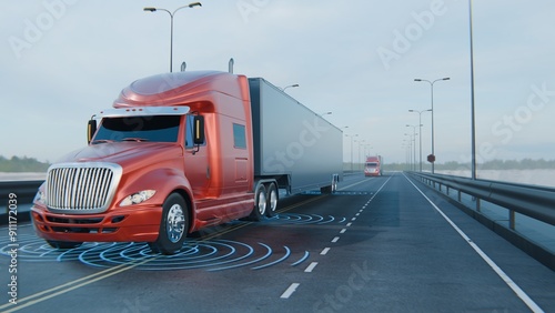 Autonomous American semi-truck with a trailer, controlled by artificial intelligence, drives on the line road. Cargo delivery, transportation of the future. Artificial intelligence. Self driving