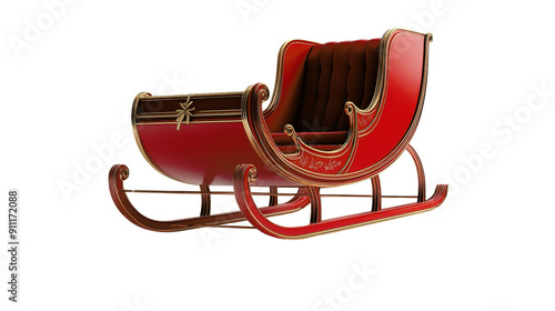 Red and brown traditional Santa sleigh, festive holiday decoration, isolated on white background, detailed design.