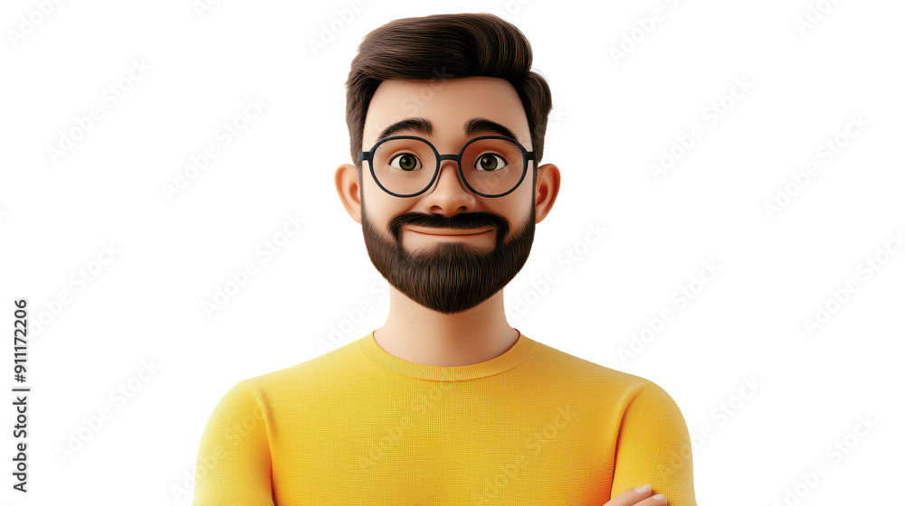 Smiling 3D character with glasses and beard, wearing a yellow shirt. Friendly and approachable look for various creative projects. Smiling 3D character with glasses and beard, wearing a yellow shirt. Friendly and approachable look for various creative projects.