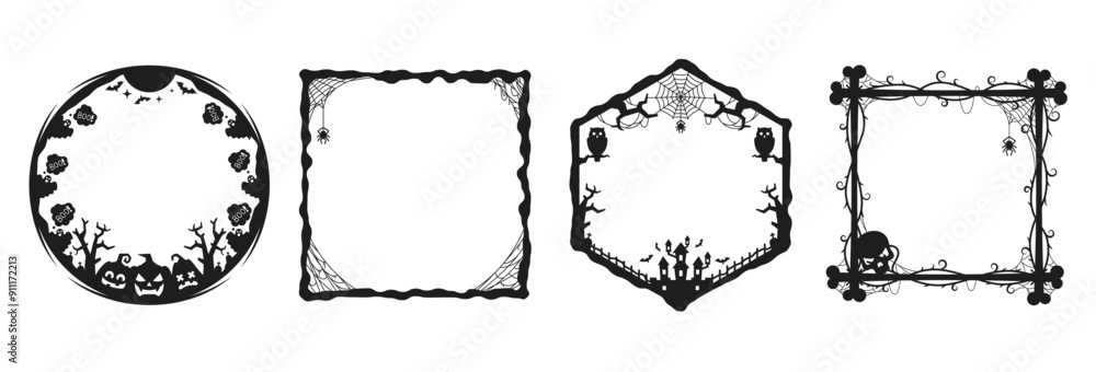 Halloween holiday black frames with pumpkins, boo ghosts, bats and skull, vector silhouette borders. Halloween horror night border frames with spooky scary monsters, creepy spider in cobweb and owls Halloween holiday black frames with pumpkins, boo ghosts, bats and skull, vector silhouette borders. Halloween horror night border frames with spooky scary monsters, creepy spider in cobweb and owls