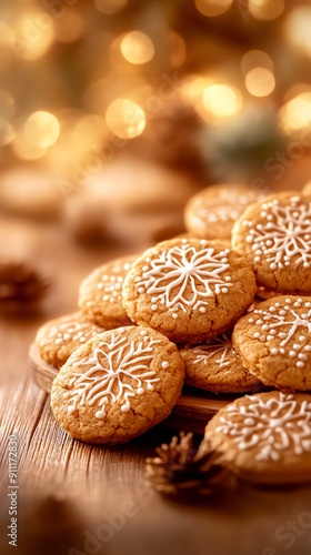 A whimsical arrangement of Russian pryaniki, spice cookies, decorated with intricate icing patterns, placed on a wooden platter with festive holiday decorations around photo