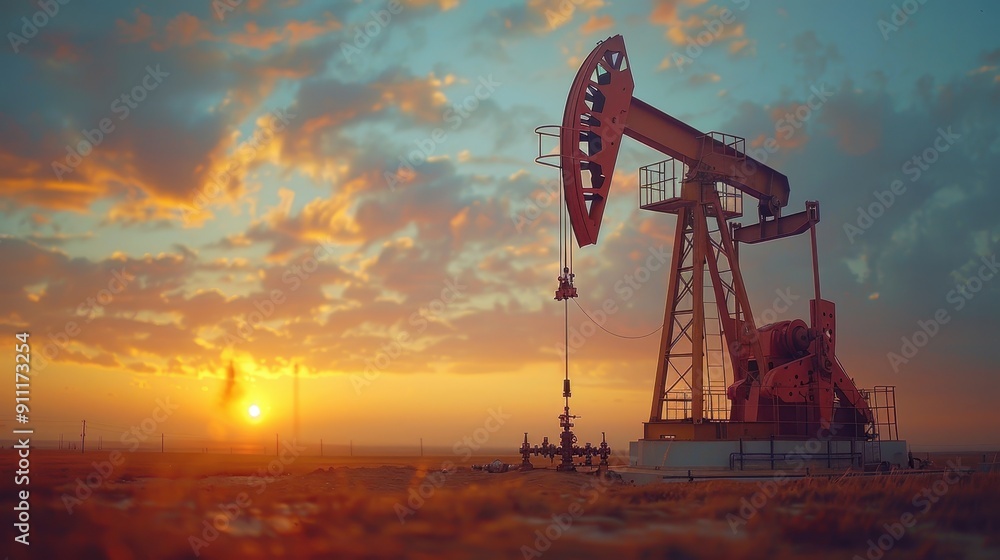 Fototapeta premium Oil Pumpjack at Sunset in a Rural Landscape with Dramatic Sky and Clouds