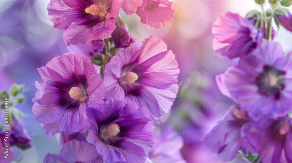 Close up view of purple hollyhock flowers Close up view of purple hollyhock flowers