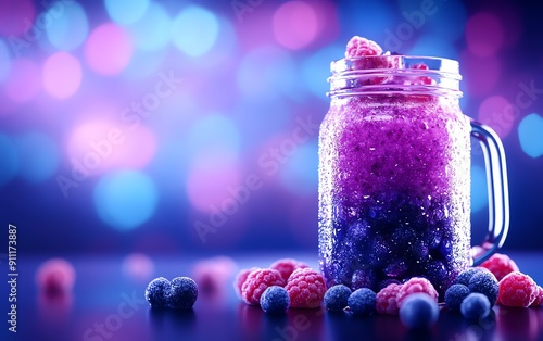 Bush tucker berry smoothie in a mason jar, photographed with a backdrop of a colorful Australian market stall photo