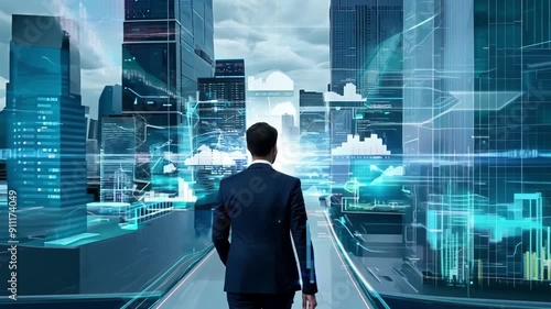 Businessman walking on a digital path in a futuristic city.