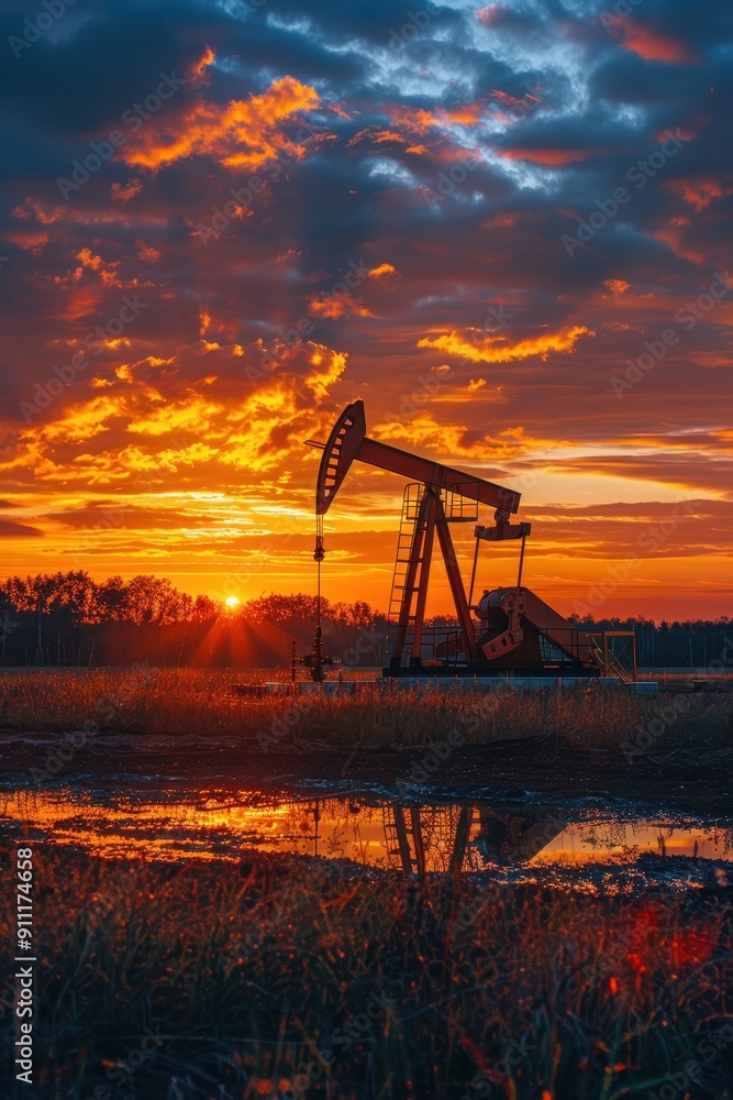 Stunning Sunset Over Oil Pump Jack in Field with Reflective Water and Dramatic Sky Stunning Sunset Over Oil Pump Jack in Field with Reflective Water and Dramatic Sky