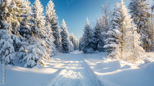 Snow covered path winding through a tranquil sunny winter forest