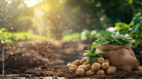 Freshly Harvested Potatoes in a Burlap Sack with Green Foliage