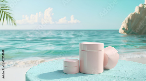 White round podium on the water surface background. Flat lay, copy space, Surreal podium outdoor on blue sky soft white clouds with spaceBeauty cosmetic product placement pedestal present stand
 photo