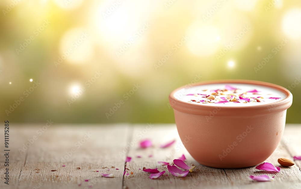 Inviting picture of thandai drink, served in a terracotta glass with rose petals and nuts on top, placed on a wooden table with a festive backdrop Inviting picture of thandai drink, served in a terracotta glass with rose petals and nuts on top, placed on a wooden table with a festive backdrop