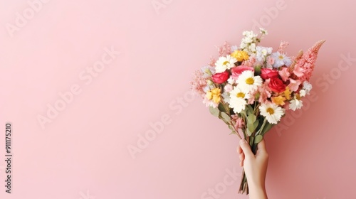 Flower bouquet in woman hand on pastel wall background. Top view.