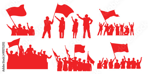 vector collection of silhouettes of groups of people raising flags celebrating independence, independence day and anniversary celebrations
