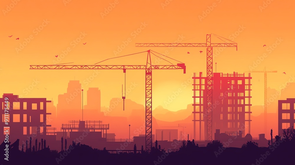 A striking silhouette of construction cranes against a vibrant sunset, symbolizing urban development and progress. A striking silhouette of construction cranes against a vibrant sunset, symbolizing urban development and progress.