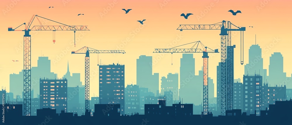 A vibrant skyline featuring construction cranes set against a colorful sunset, showcasing urban development and growth. A vibrant skyline featuring construction cranes set against a colorful sunset, showcasing urban development and growth.